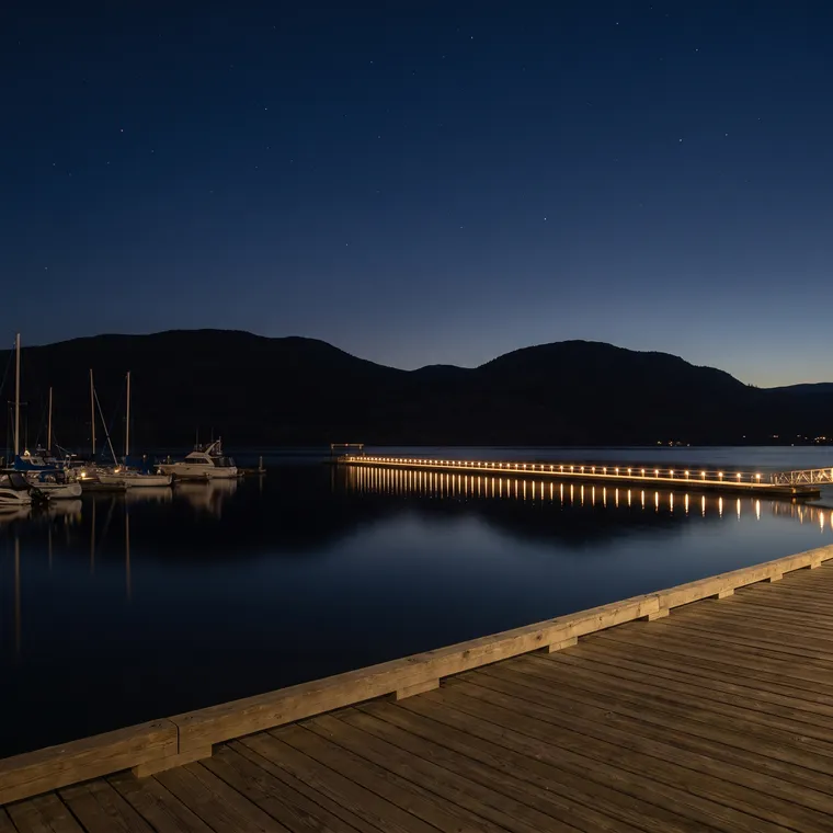 Generated scene: a calm lake at night seen from a wooden boardwalk, a low lit bridge across the water, moored boats and dark hills under a starry sky.
