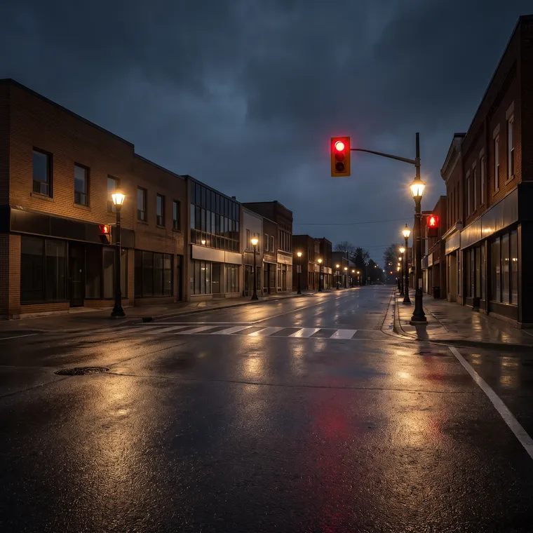 Generated scene: a quiet downtown street at night after rain, wet asphalt reflecting street lamps and a red traffic light, low brick buildings.